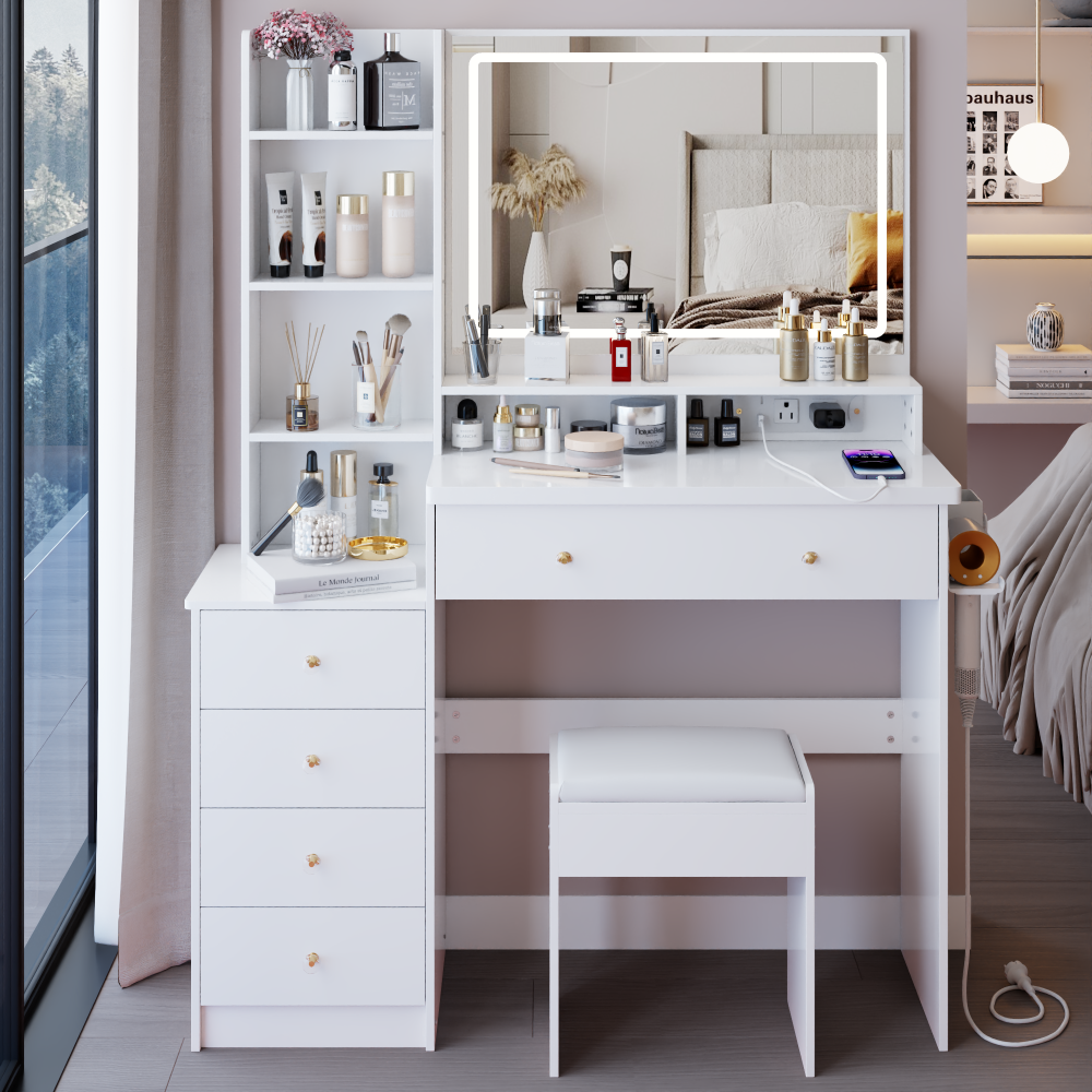 41" Large Size Left Bedside Cabinet Vanity Table+Cushioned Stool Dresser Set, 2 AC+2 USB Power Station, Hair Dryer Stand, Extra Large Touch Control LED Mirror, 3-color Switch, EPA, GCC, UL Certificate