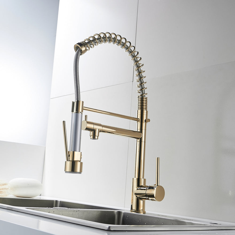 Commercial Kitchen Faucet with Pull Down Sprayer, Single Handle Single Lever Kitchen Sink Faucet Brushed Gold Faucet