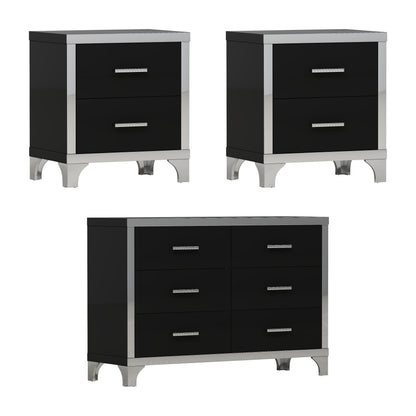 3-Pieces Sets,Dresser and Two Nightstands with Metal Handles and Mirror Decoration, Elegant and Subtle, Black