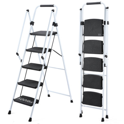 Four step ladder, lightweight folding four step stool, wide anti slip pedal and safety handle, sturdy steel ladder, multi-purpose step ladder, suitable for home, kitchen, and office elevators