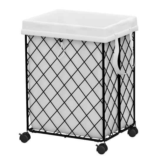 Laundry Basket with Wheels, Rolling Laundry Hamper, Detachable and washable lining, metal frame, suitable for bedrooms, bathrooms, laundry rooms, white