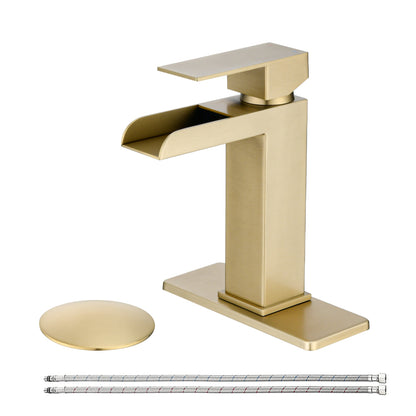 Waterfall Bathroom Faucet Brushed Gold Single Handle Bathroom Sink Faucets 1 or 3 Hole Solid Vanity Faucet with Deck Plate & Overflow Pop Up Drain Brushed Gold