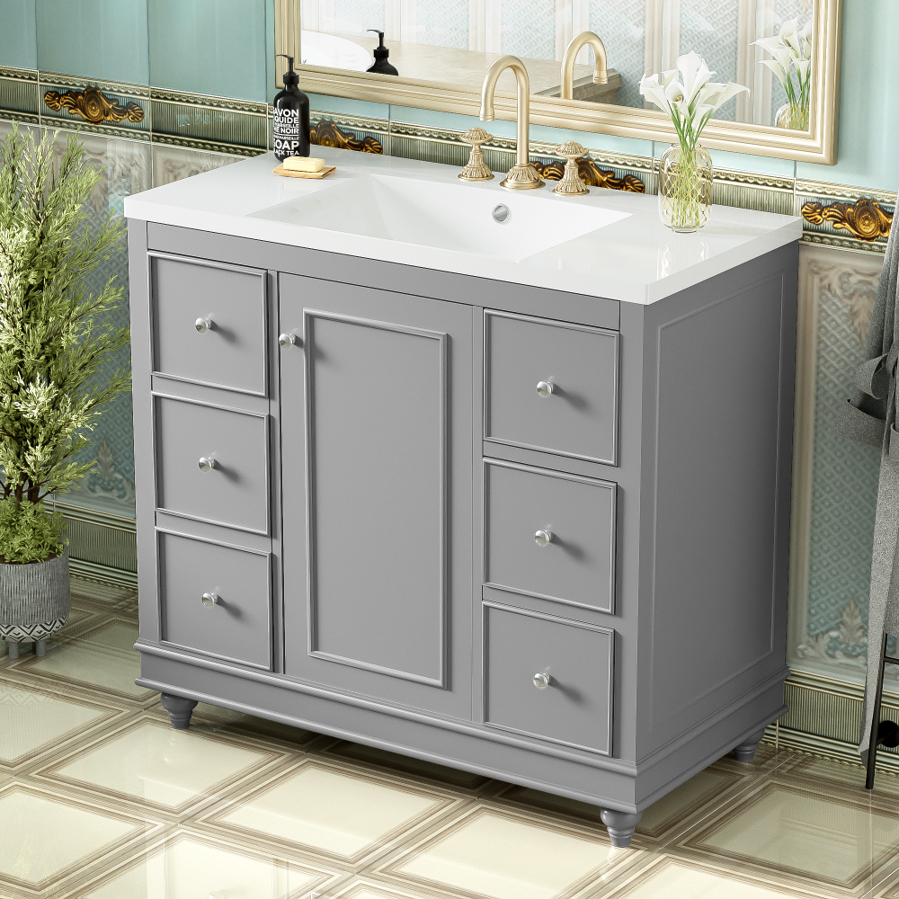 Contemporary Gray Bathroom Vanity Cabinet - 36x18x34 inches, 4 Drawers & 1 Cabinet Door, Multipurpose Storage, Resin Integrated Sink, Adjustable Shelves, Solid Wood Frame with MDF