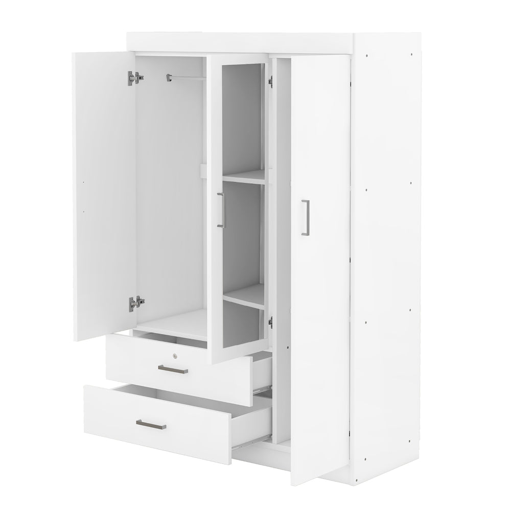 3-Door Mirror Wardrobe with shelves, White