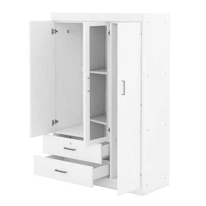 3-Door Mirror Wardrobe with shelves, White