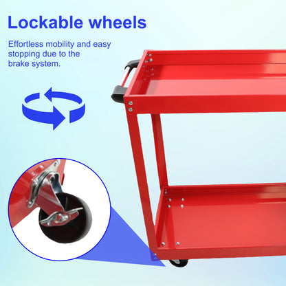 Tool Cart on Wheels,  Heavy Duty Steel Utility Cart w/Lockable Wheels, 400 LBS Capacity Industrial Service Cart for Garage, Warehouse, Workshop (Two-layer Bright Red)