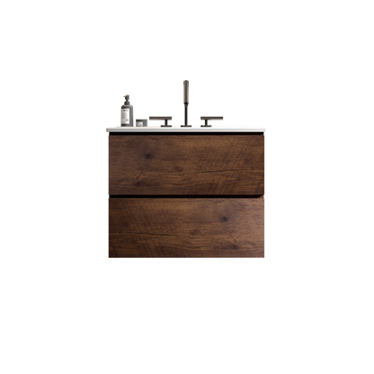 Wall Mount 24" Walnut Bathroom Vanity with Ceramic Sink with three faucet holes, Large Storage Floating Bathroom Vanity for Modern Bathroom, One-Piece Sink Basin without Drain, Pre-assembled