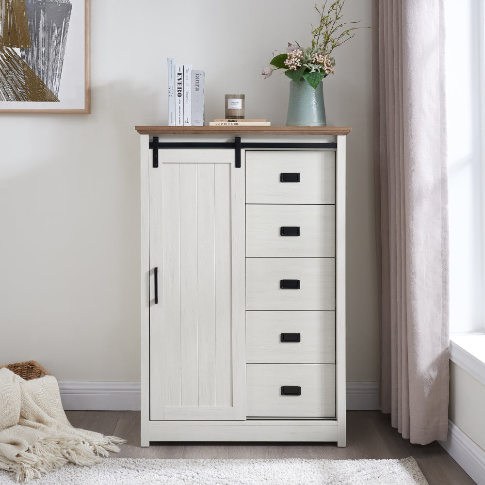 5 Drawers Dresser w/Sliding Barn Door, Farmhouse Modern Tall Dresser 5 Chest of Drawers, Storage Organizer Dresser for Bedroom, Hallway, Living Room, Kids Room WHITE