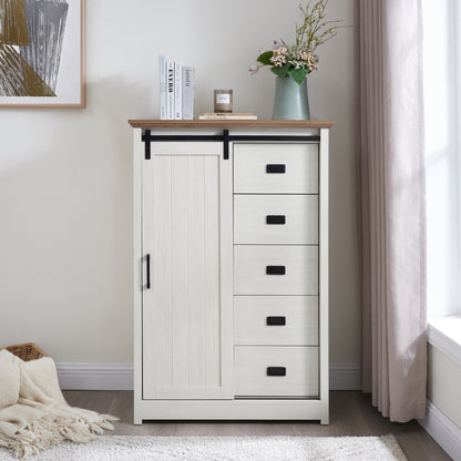 5 Drawers Dresser w/Sliding Barn Door, Farmhouse Modern Tall Dresser 5 Chest of Drawers, Storage Organizer Dresser for Bedroom, Hallway, Living Room, Kids Room WHITE