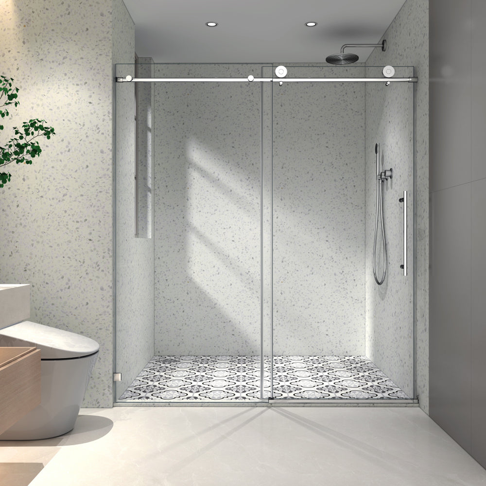 6063 Chrome frameless one fixed and one shifted Shower Door, 70MM 304 stainless steel large pulleys with adjustable soft closing function,with nano easy cleaning and stick explosion-proof menbrance