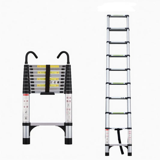 Telescopic ladder, 9.5 foot aluminum button telescopic ladder with 2 triangular stabilizers and hooks, multi-purpose ladder, maximum load-bearing capacity of 330 pounds, suitable for industrial and ho