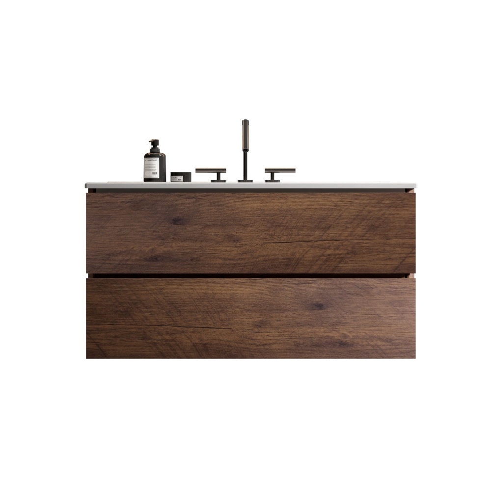 Wall Mount 24" Walnut Bathroom Vanity with Ceramic Sink with three faucet holes, Large Storage Floating Bathroom Vanity for Modern Bathroom, One-Piece Sink Basin without Drain, Pre-assembled