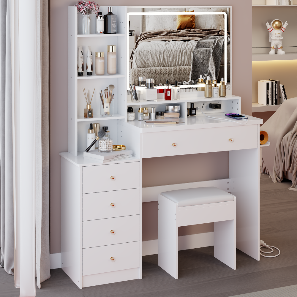 41" Large Size Left Bedside Cabinet Vanity Table+Cushioned Stool Dresser Set, 2 AC+2 USB Power Station, Hair Dryer Stand, Extra Large Touch Control LED Mirror, 3-color Switch, EPA, GCC, UL Certificate