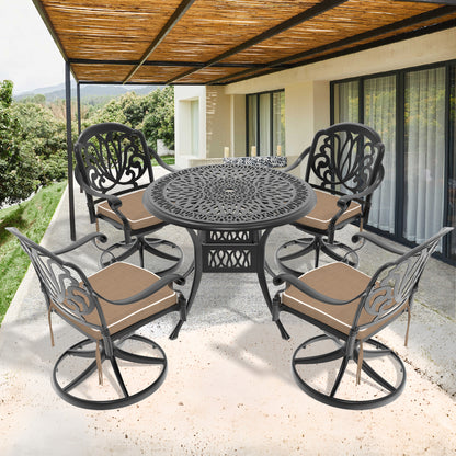 Ø35.43-inch Cast Aluminum Patio Dining Table With Black Frame and Umbrella Hole