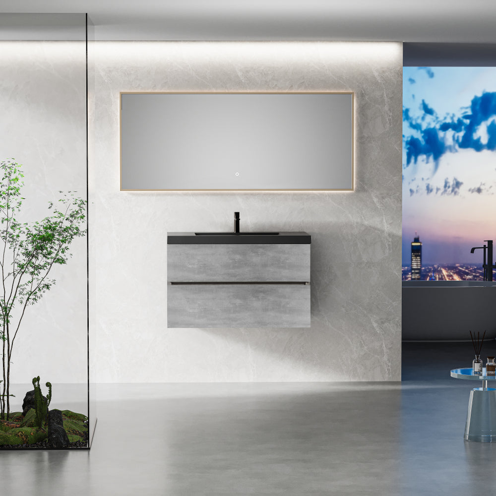 36" Floating Bathroom Vanity with Sink, Modern Wall-Mounted Bathroom Storage Vanity Cabinet with Black Quartz Sand Top Basin and Soft Close Drawers, EDI-Series Cement Grey 24V12-36GR