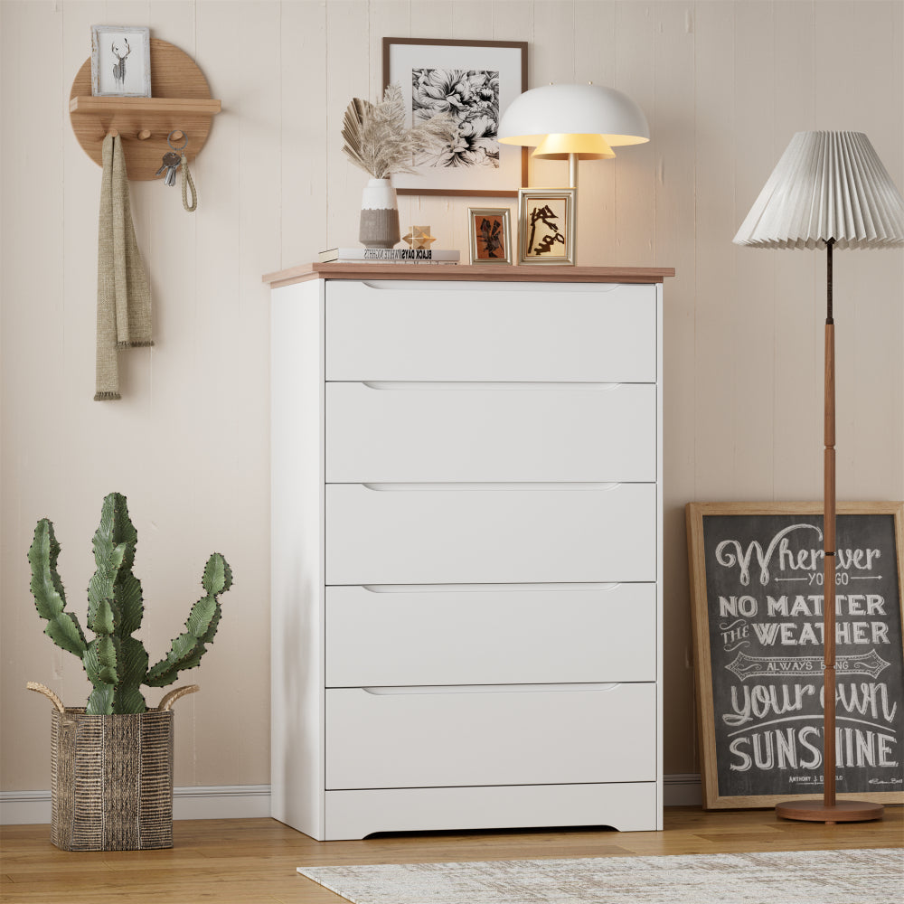 Modern 5 Drawers Dresser for Bedroom, 43.7" Tall Dressers & Chests of Drawers Hidden handle Design for Bedroom, Living Room, (White +Brown)