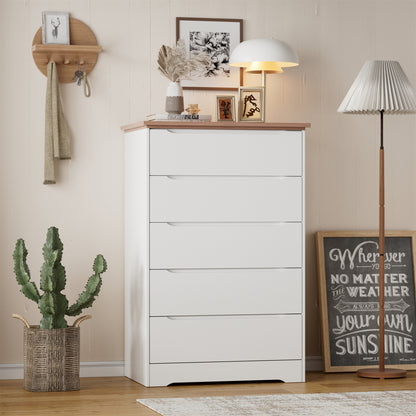 Modern 5 Drawers Dresser for Bedroom, 43.7" Tall Dressers & Chests of Drawers Hidden handle Design for Bedroom, Living Room, (White +Brown)