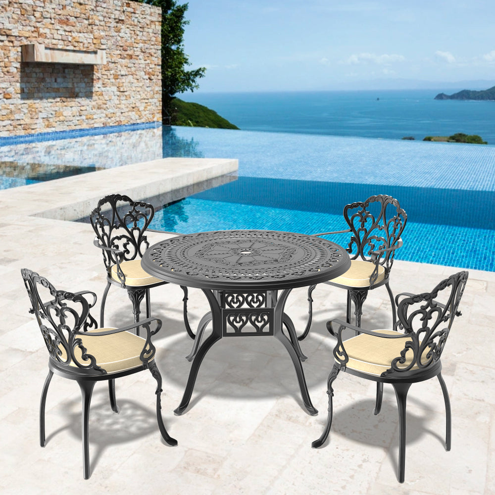 Ø39.37-inch Cast Aluminum Patio Dining Table With Black Frame and Umbrella Hole