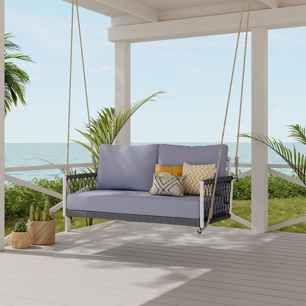 TREXM 1-Piece Woven Rope Outdoor Swing Sofa with Soft Cushions Seating 2 for Patio, Courtyard and Balcony (Light Grey)