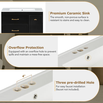 Classic 30" Black Bathroom Vanity Set, Floor Standing, with Three Drawers, One of Which is a Double-Layer Drawer, with Long Gold Handles - Perfect for Small Bathrooms