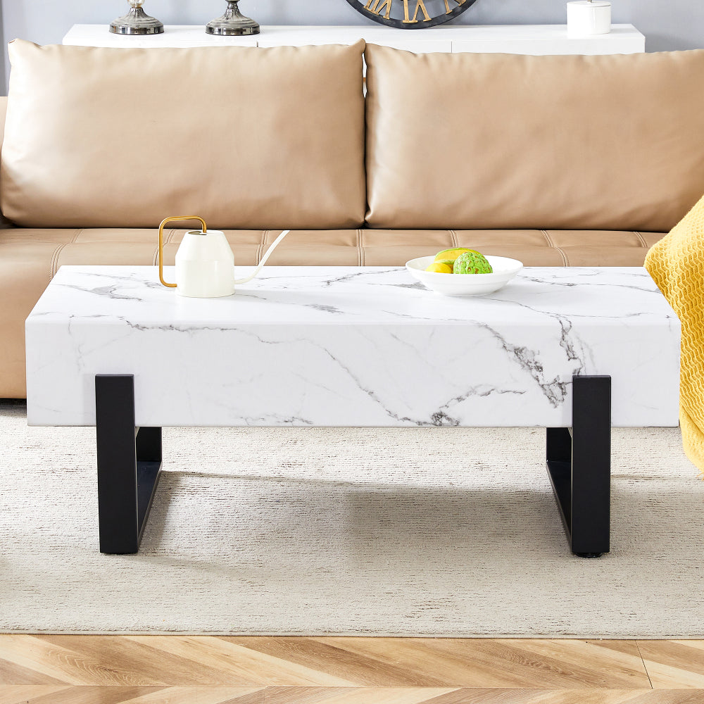 47.2"x23.6" Black and White Minimalist MDF Marble-Patterned Coffee Table.White marble pattern sticker,Black metal leg spray coating,MDF Coffee table.Showcasing a modern and simple style.