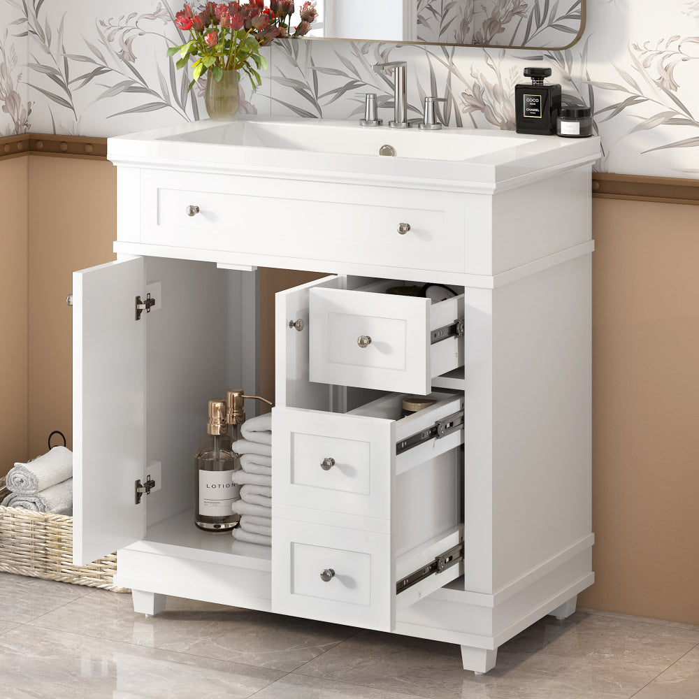 30" Bathroom Vanity Cabinet with Sink Combo Set, Undermount Resin Sink, Free Standing Vanity Set with 2 Drawers& Soft Closing Doors, Solid Wood Frame Bathroom Cabinet, White (Same as SW000132AAK)