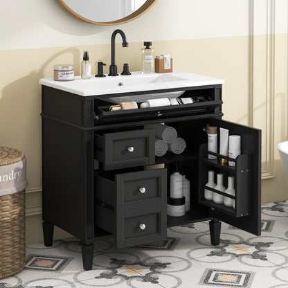30'' Bathroom Vanity with Top Sink, Modern Bathroom Storage Cabinet with 2 Drawers and a Tip-out Drawer,  Freestanding Vanity Set with Mirror Cabinet, Single Sink Bathroom Vanity