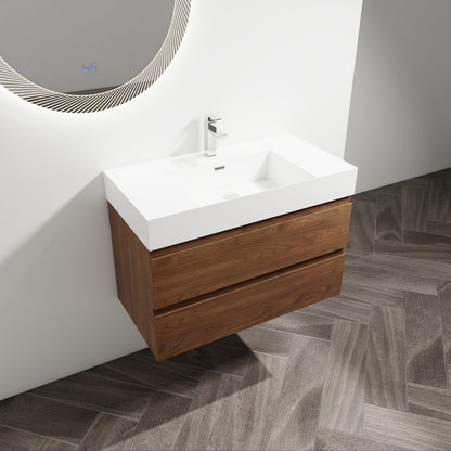 36" Wall-Mounted Bathroom Vanity With Resin Sink, 2-Soft Close Drawers, KD-Package