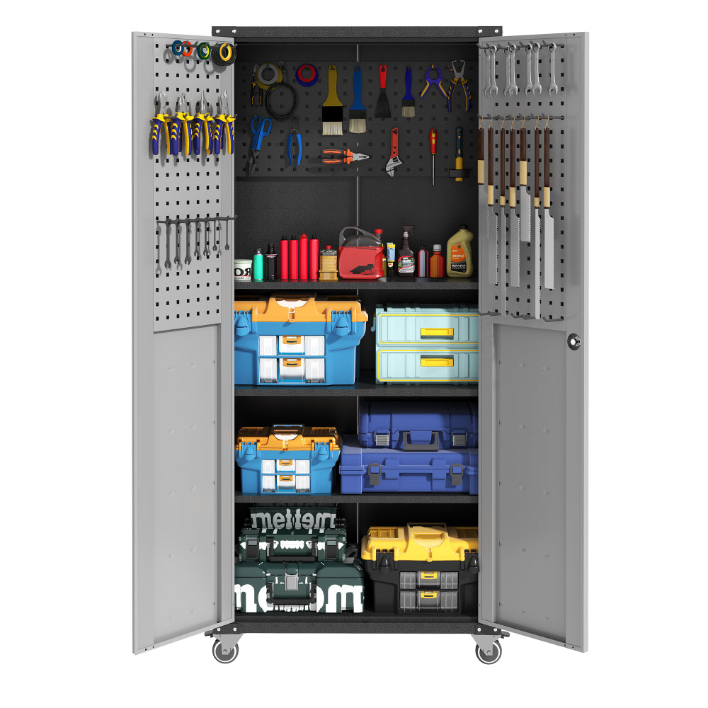 71" Metal Garage Storage Cabinet with Wheels - Heavy-Duty Tool Storage Cabinet for Home, Office, School, and Garage Organization, Black/Gray