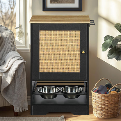 Feeding Station with 1 Storage Cabinets, Pet Feeding Station with 2 Elevated Dog Bowls, Side Hooks, Anti-tip Kit, Hidden Pet Feeder Station for Feeding & Watering, Black