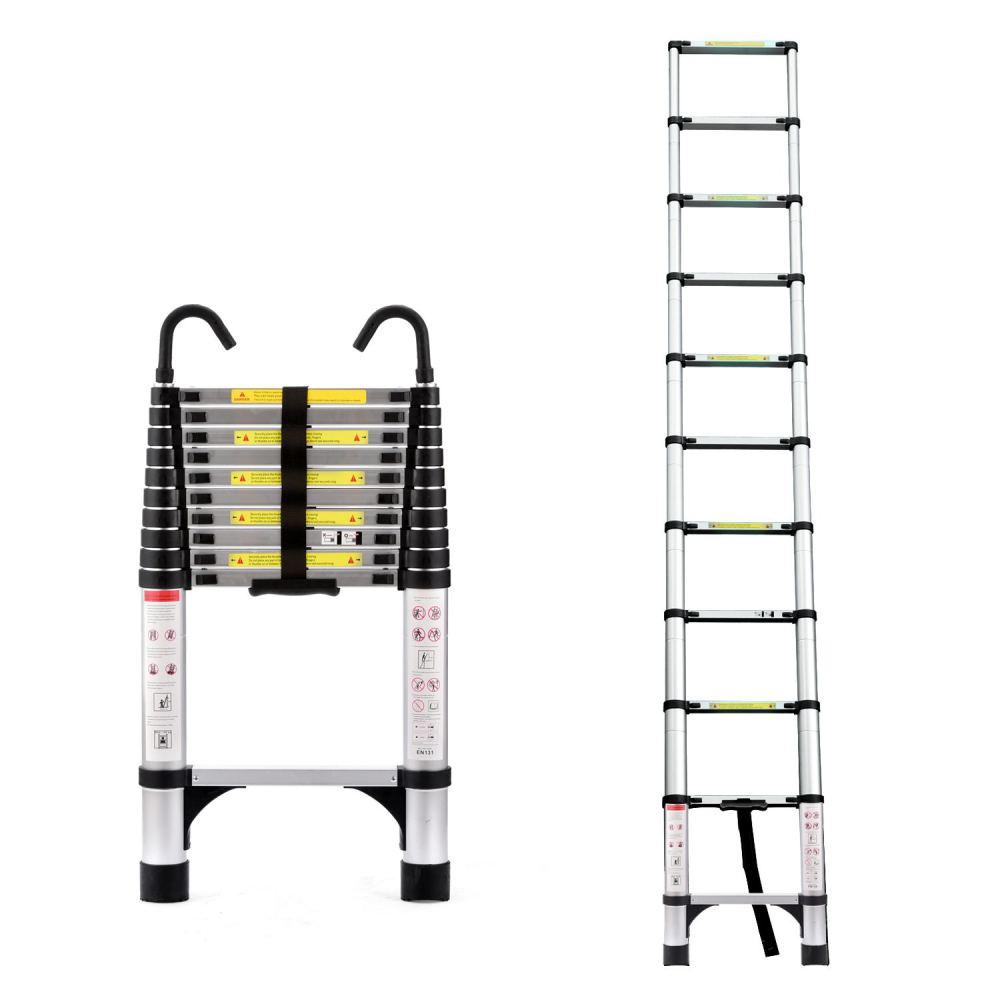 Telescopic ladder, 9.5 foot aluminum button telescopic ladder with 2 triangular stabilizers and hooks, multi-purpose ladder, maximum load-bearing capacity of 330 pounds, suitable for industrial and ho