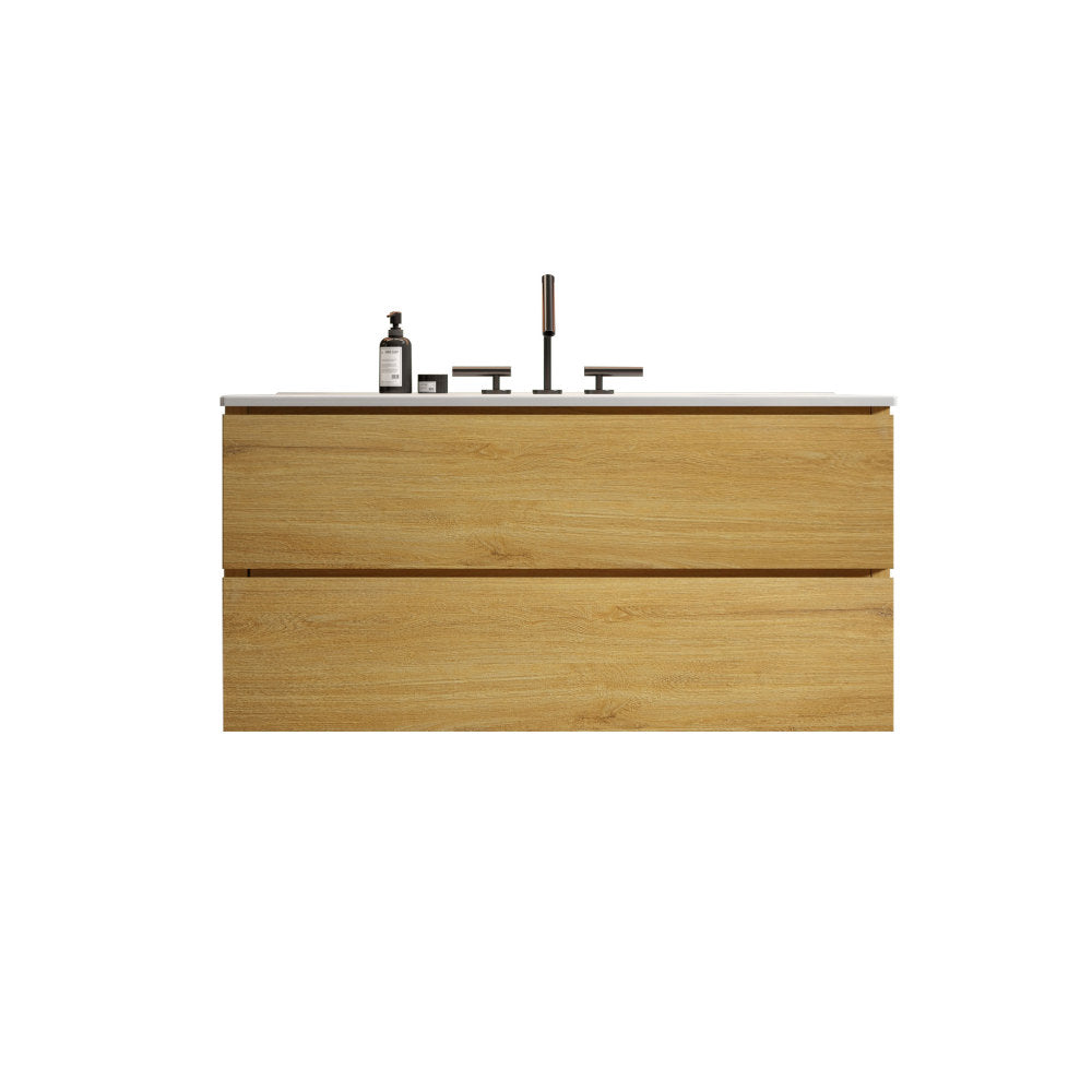 Wall Mount 24" Walnut Bathroom Vanity with Ceramic Sink with three faucet holes, Large Storage Floating Bathroom Vanity for Modern Bathroom, One-Piece Sink Basin without Drain, Pre-assembled