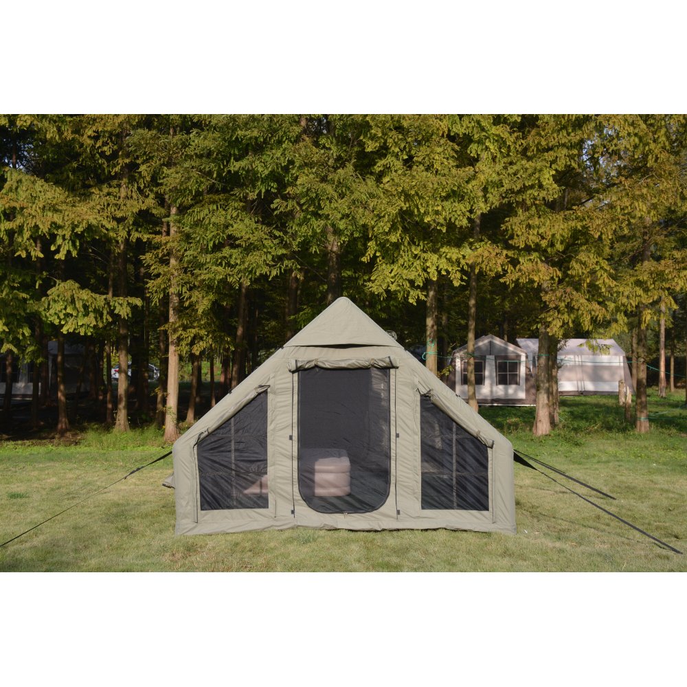 9.8 x13ft  Inflatable Camping Tents with Hand Pump, Air Glamping Tents, Easy Setup Waterproof and Windproof Blow up Tent, 4 Seasons Oxford Cabin Tent with Mesh & Chimney Window. Army green