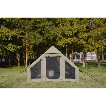 9.8 x13ft  Inflatable Camping Tents with Hand Pump, Air Glamping Tents, Easy Setup Waterproof and Windproof Blow up Tent, 4 Seasons Oxford Cabin Tent with Mesh & Chimney Window. Army green