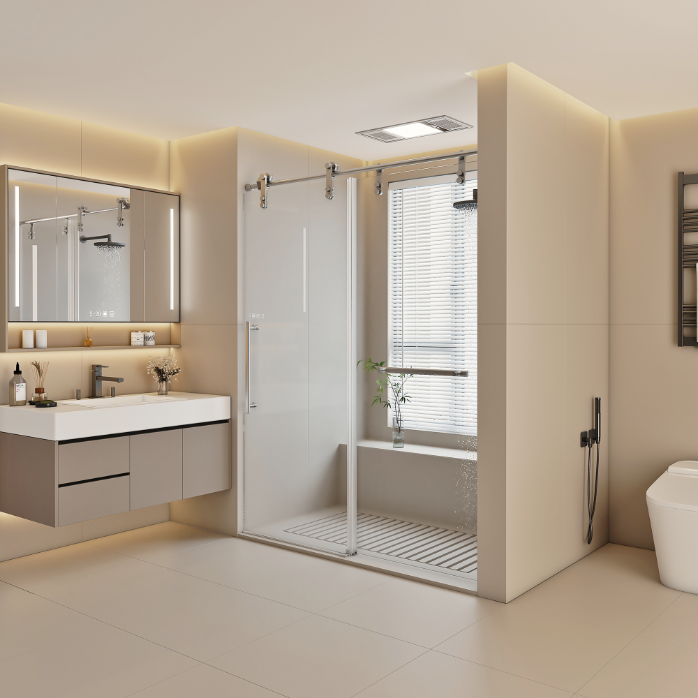 56"-60" W x 76" H Frameless Shower Door, Single Sliding Shower Door, 5/16" (8mm) Clear Tempered Glass Shower Door Explosion-Proof Film, Stainless Steel Hardware, Chrome 23D01-60C