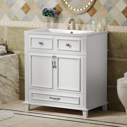 30'' Bathroom Vanity with Resin Sink, Solid Wood Frame Bathroom Storage Cabinet with Soft Closing Doors, Retro Style, White (Same as SW000118AAK)