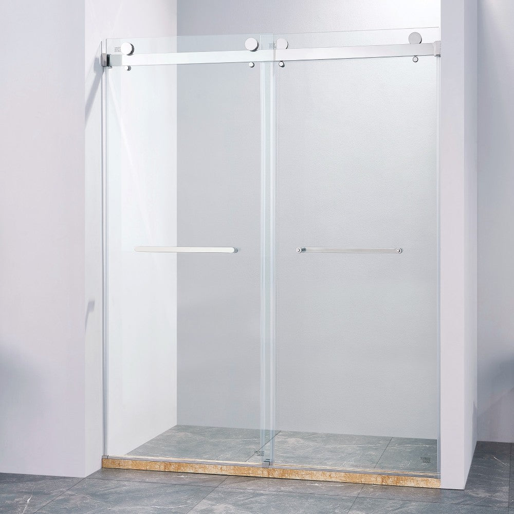 56-60"W x 75"H Frameless Double Sliding Shower Door, 304 Stainless Steel in Chrome, 5/16" (8mm) Thick SGCC Tempered Clear Glass.