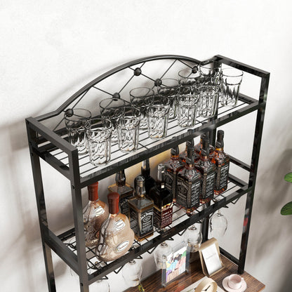 Industrial Wine Rack Bar Table, 3-Tier Liquor Bottle and Glass Holder with Storage Shelves, Metal and Wood Wine Organizer for Home Kitchen, Dining Room, and Living Room