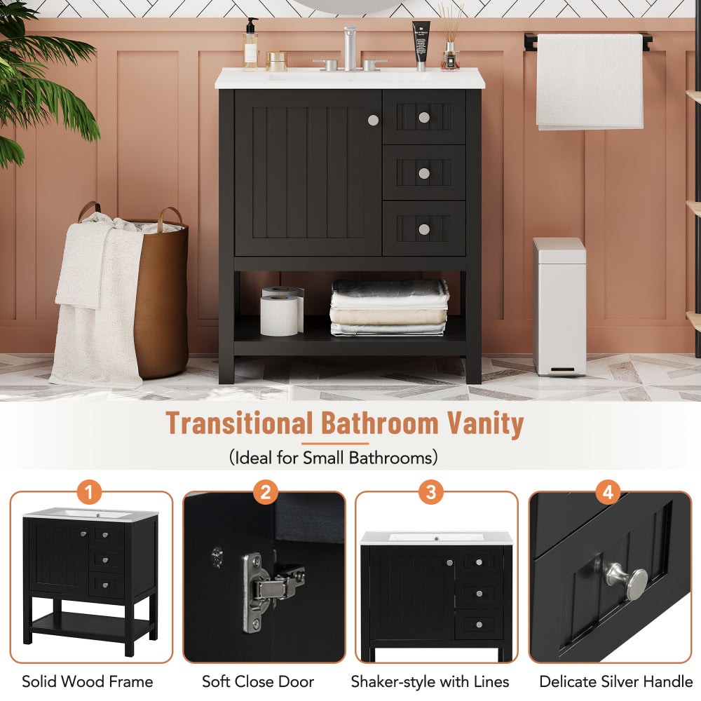 30inch Transitional Style Bathroom Vanity Cabinet Combo with Ceramic Sink,Soft Close Door