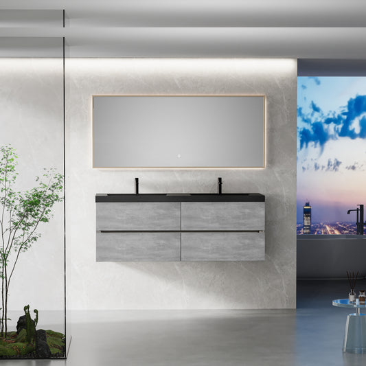 60" Floating Bathroom Vanity with Sink, Modern Wall-Mounted Bathroom Storage Vanity Cabinet with Double Black Quartz Sand Top Basins and Four Soft Close Drawers, EDI-Series Cement Grey 24V12-60GR
