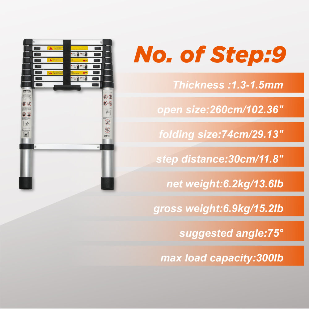 Telescoping Ladder 8.5FT, Telescopic Extension Ladder, Aluminum Alloy Folding Ladder Portable Multi-Purpose for Indoor Outdoor Work, Heavy Duty 300 lbs Load