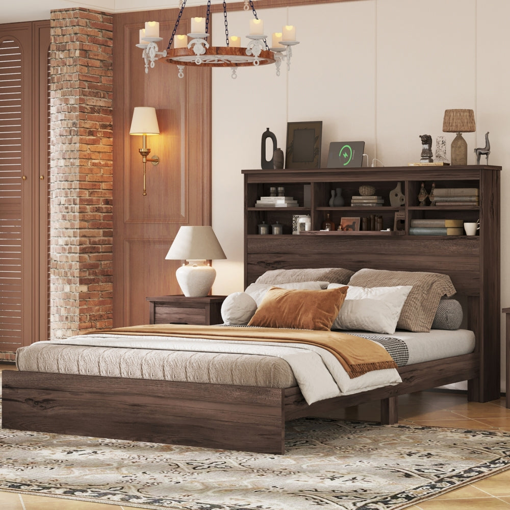 4-Pieces Bedroom Sets Queen Size Vintage Wooden Bed Frame with 2 Nightstands and 1 Dresser, White
