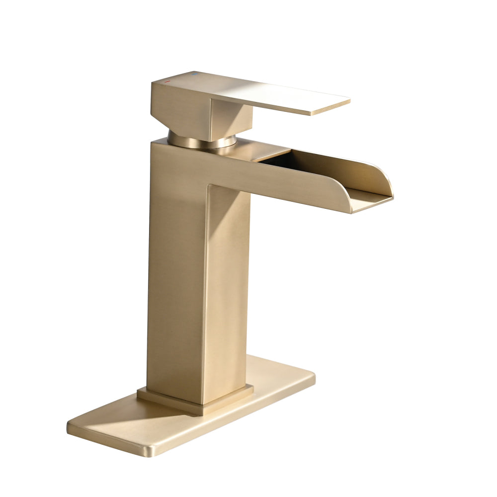 Waterfall Bathroom Faucet Brushed Gold Single Handle Bathroom Sink Faucets 1 or 3 Hole Solid Vanity Faucet with Deck Plate & Overflow Pop Up Drain Brushed Gold