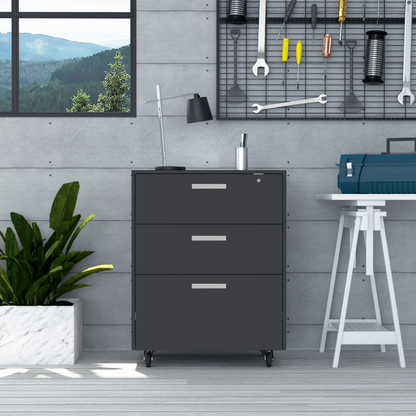 MultisStorage Cabinet 35" H, Three Drawers, Four Wheels, Black