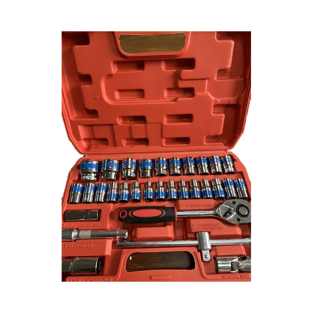 32pcs CR-V Mechanic's Tool Set 1/2 Drive Deep Standard Sockets Ratchet Wrench Kit Hex Keys Storage Case Customizable OEM Boxed