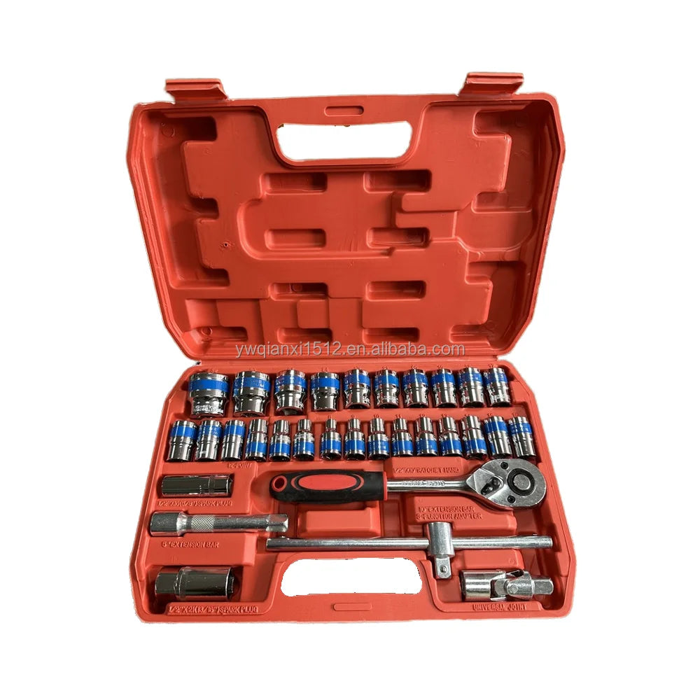 32pcs CR-V Mechanic's Tool Set 1/2 Drive Deep Standard Sockets Ratchet Wrench Kit Hex Keys Storage Case Customizable OEM Boxed