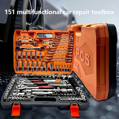 151pcs CR-V Hand Tools Car Repair 1/4-Inch Socket Set Ratchet Torque Wrench Combo Auto Repairing Tool Kit Box Packaging Home Use