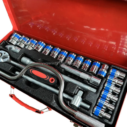 24-Piece Professional Chrome Vanadium Steel Socket Wrench Set Metric Sizes Ratchet Spanner Combination Auto Car Repair Tool Box