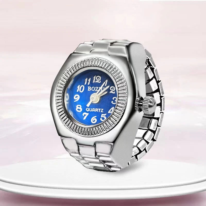 Retro Hiphop Finger Ring Watch Elastic Watchband Dial Quartz Y2K Silver Mini Ring Watch Men Women