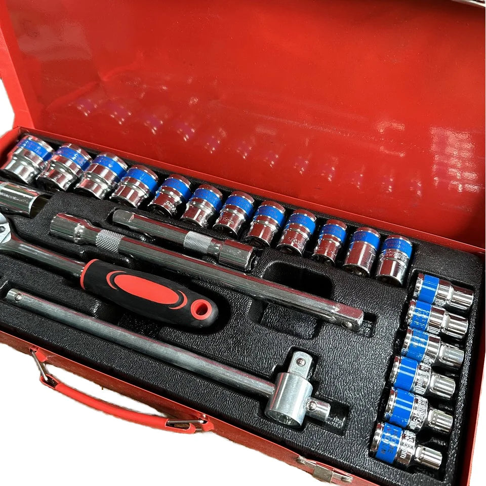 24pcs High Precision Chrome Vanadium Steel Socket Wrench Set Multi-Function Ratchet Handle Tool Kit Vehicle Automotive Tools